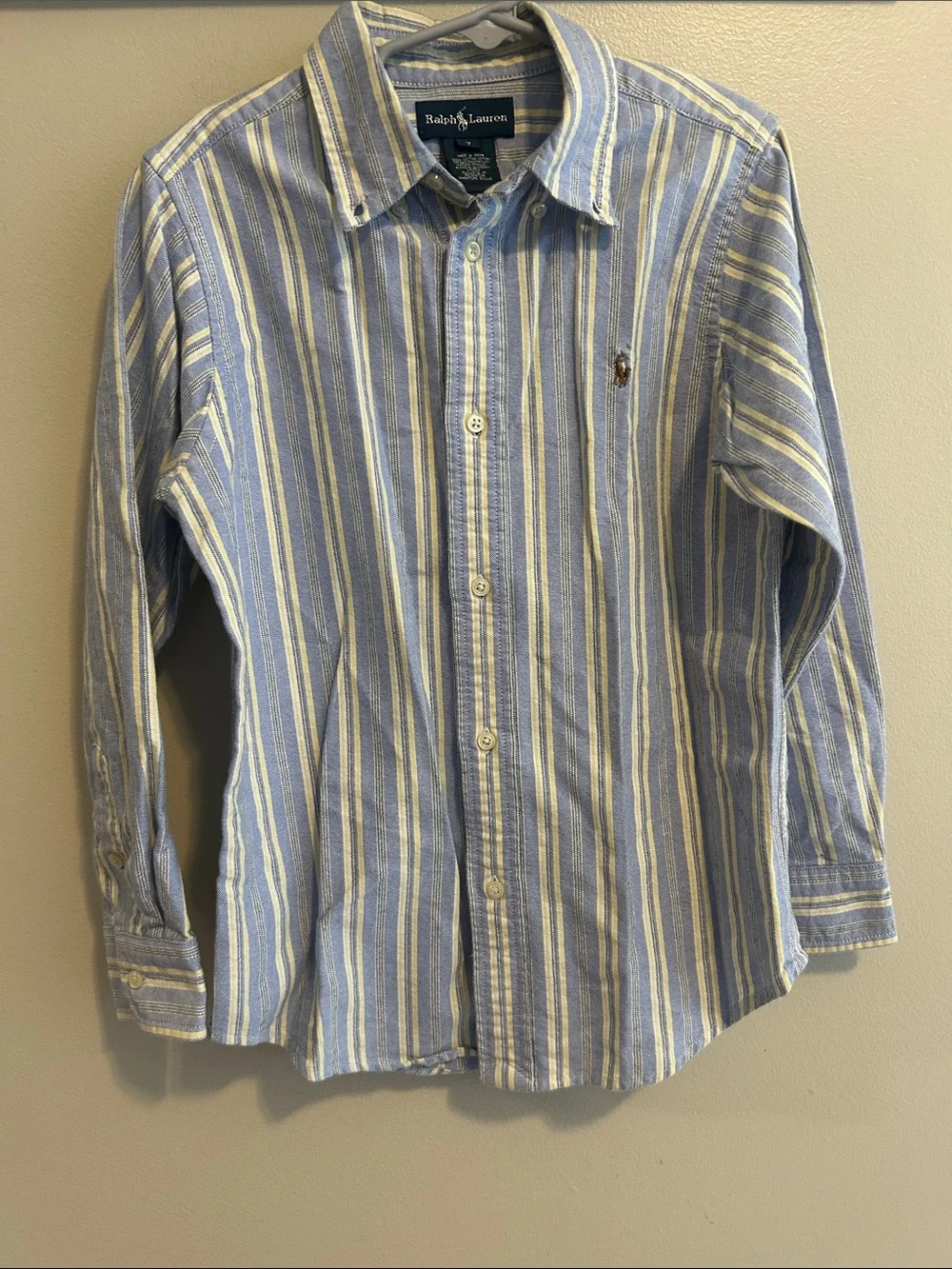 Polo Ralph Lauren Boys Size 7 Blue Yellow Striped Oxford Button Down Shirt Cotto